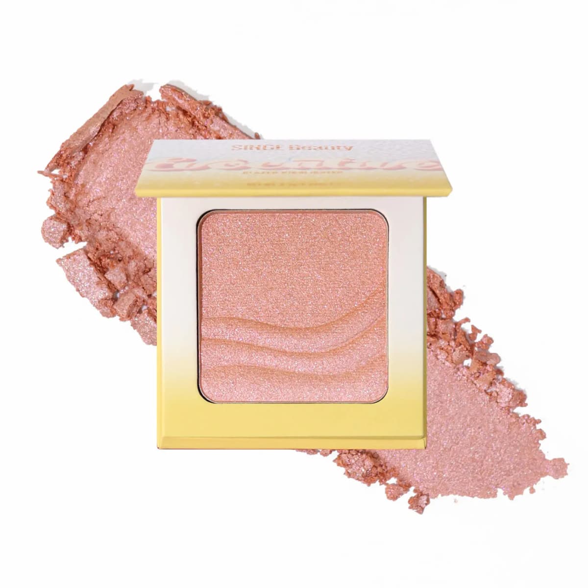 Peachy-pink glazed highlighter compact with wave embossing over matching shimmer powder swatch