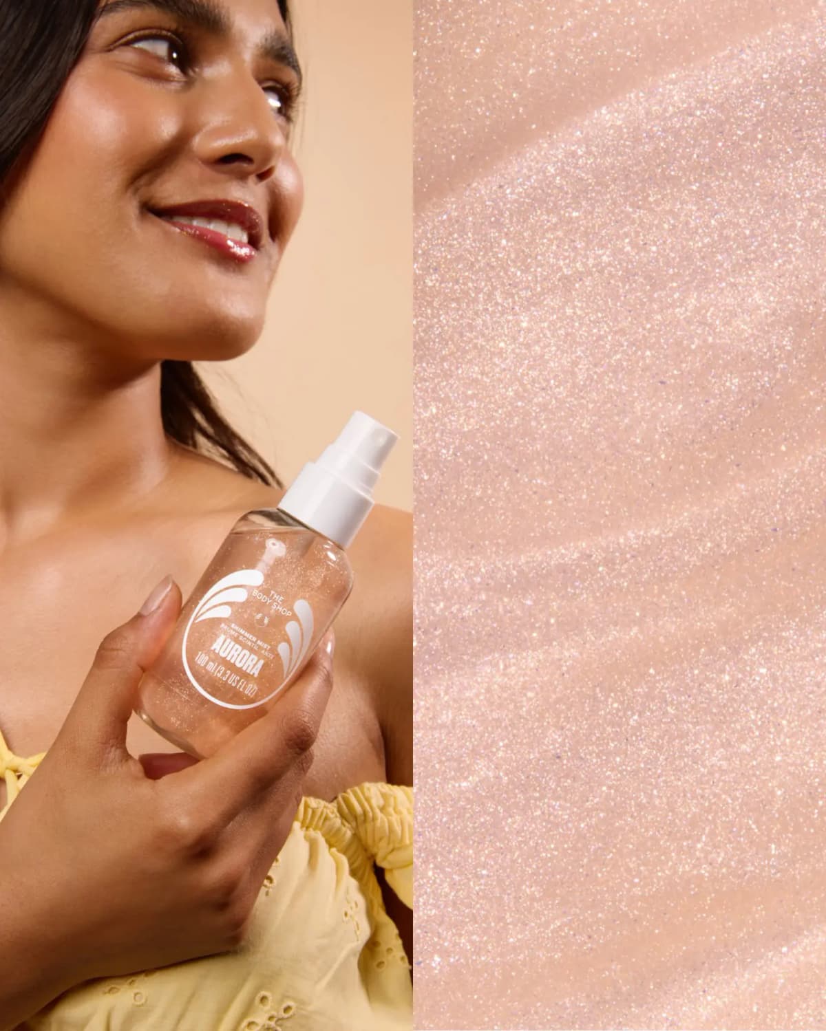 Model with glossy red lips holds Aurora shimmer mist, next to a close-up of a pale pink shimmery swatch
