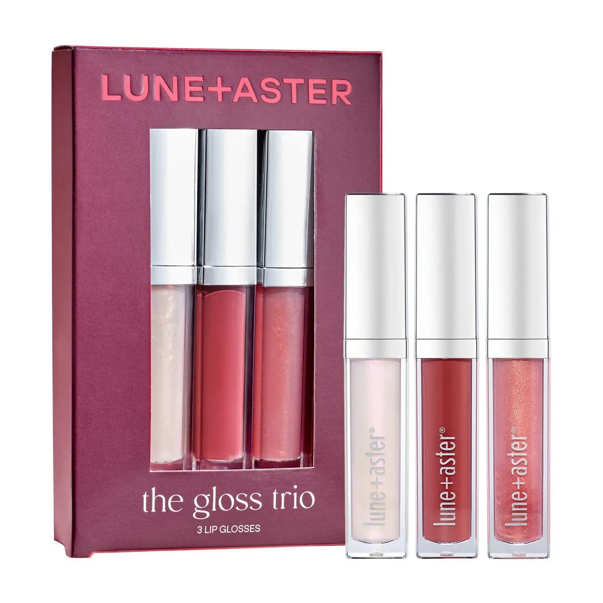 Lune+Aster the gloss trio burgundy box with pearly, berry and shimmering peach lip glosses