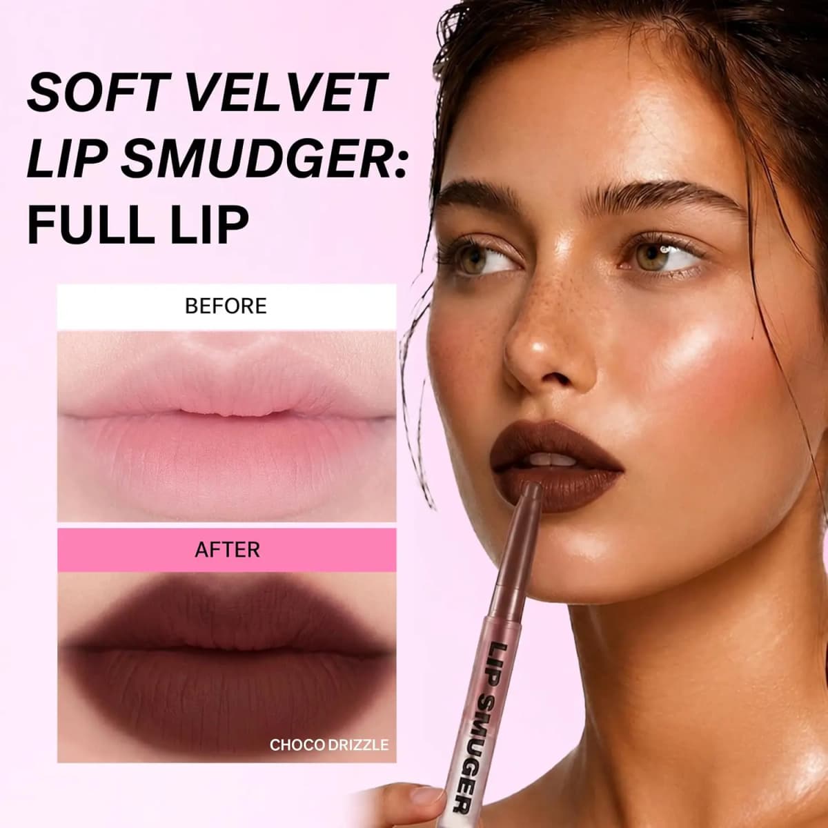Before and after lip comparison showing bare pink lips transformed into full matte brown lips with Choco Drizzle