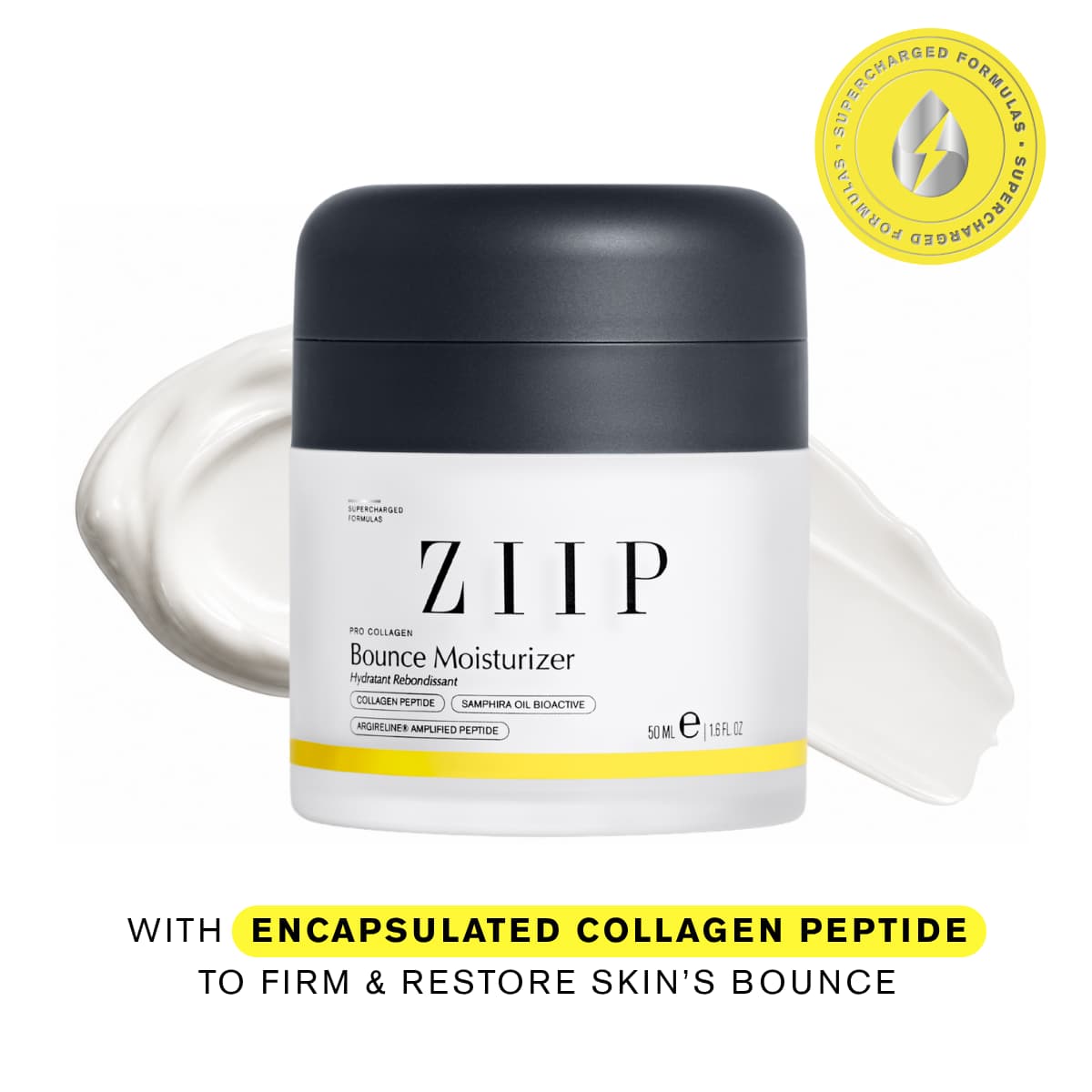 Bounce Moisturizer jar with a charcoal lid between white cream swirls, noting collagen peptide