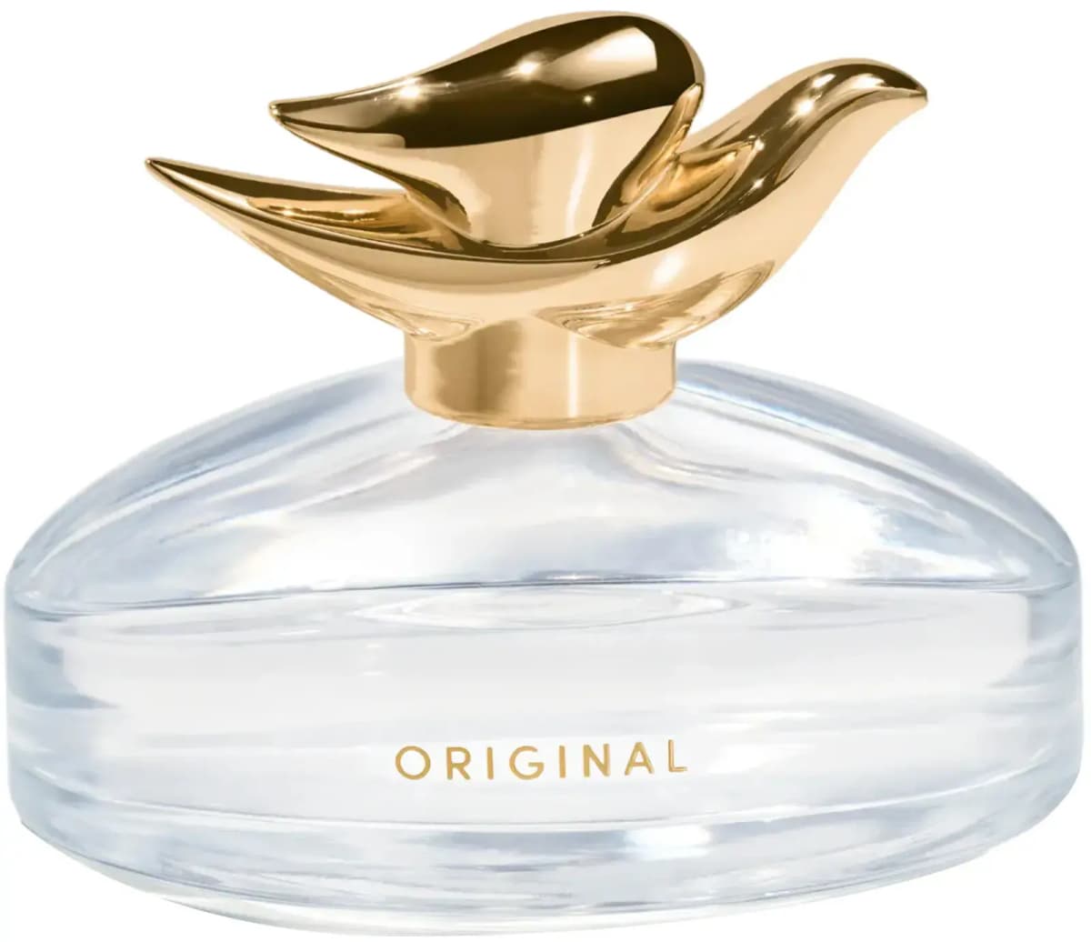 Clear domed glass bottle printed ORIGINAL in gold, topped with a glossy gold bird cap, on a white background