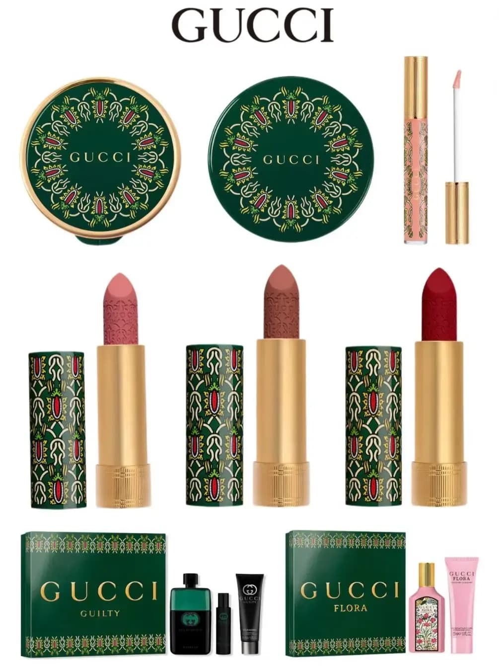 Gucci holiday line-up: two green compacts, a peach gloss, three lipsticks, and Gucci Guilty and Gucci Flora gift sets