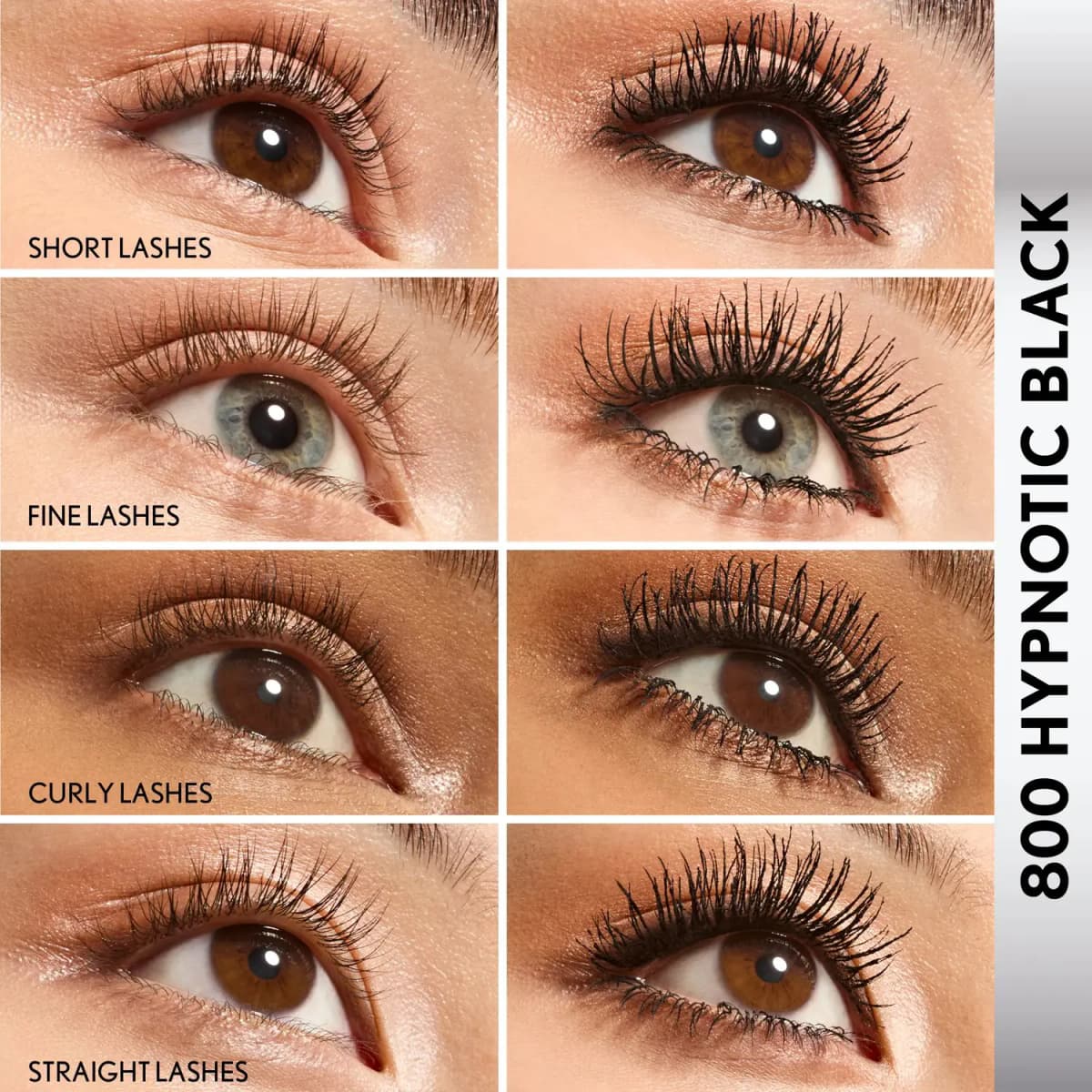 Before-and-after grid of short, fine, curly and straight lashes wearing 800 Hypnotic Black