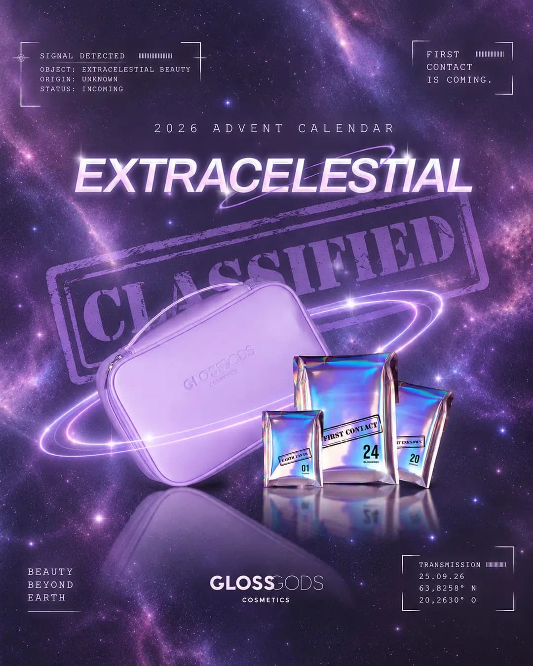 GlossGods 2026 Extracelestial Advent Calendar promo with lilac cosmetic bag