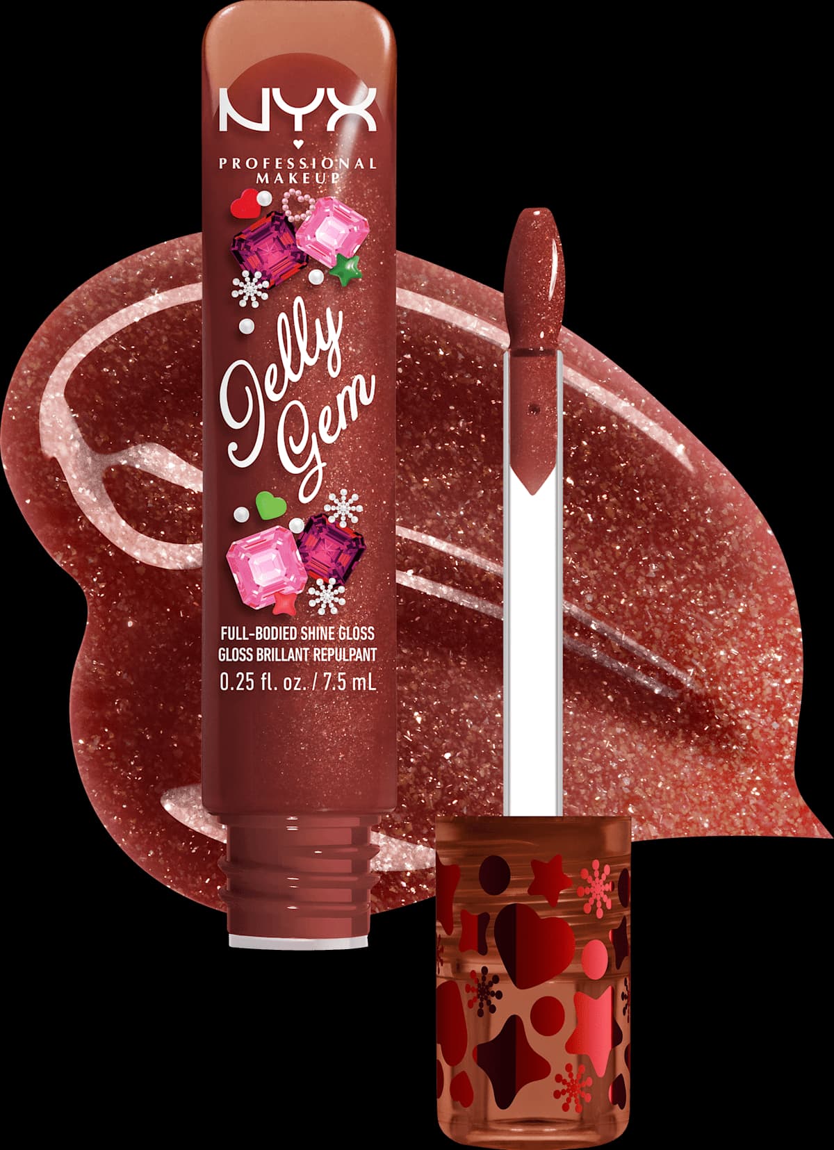 NYX Jelly Gem High Shine Gloss in 03 Burgundy Bling deep red shimmer with applicator and rich swatch.