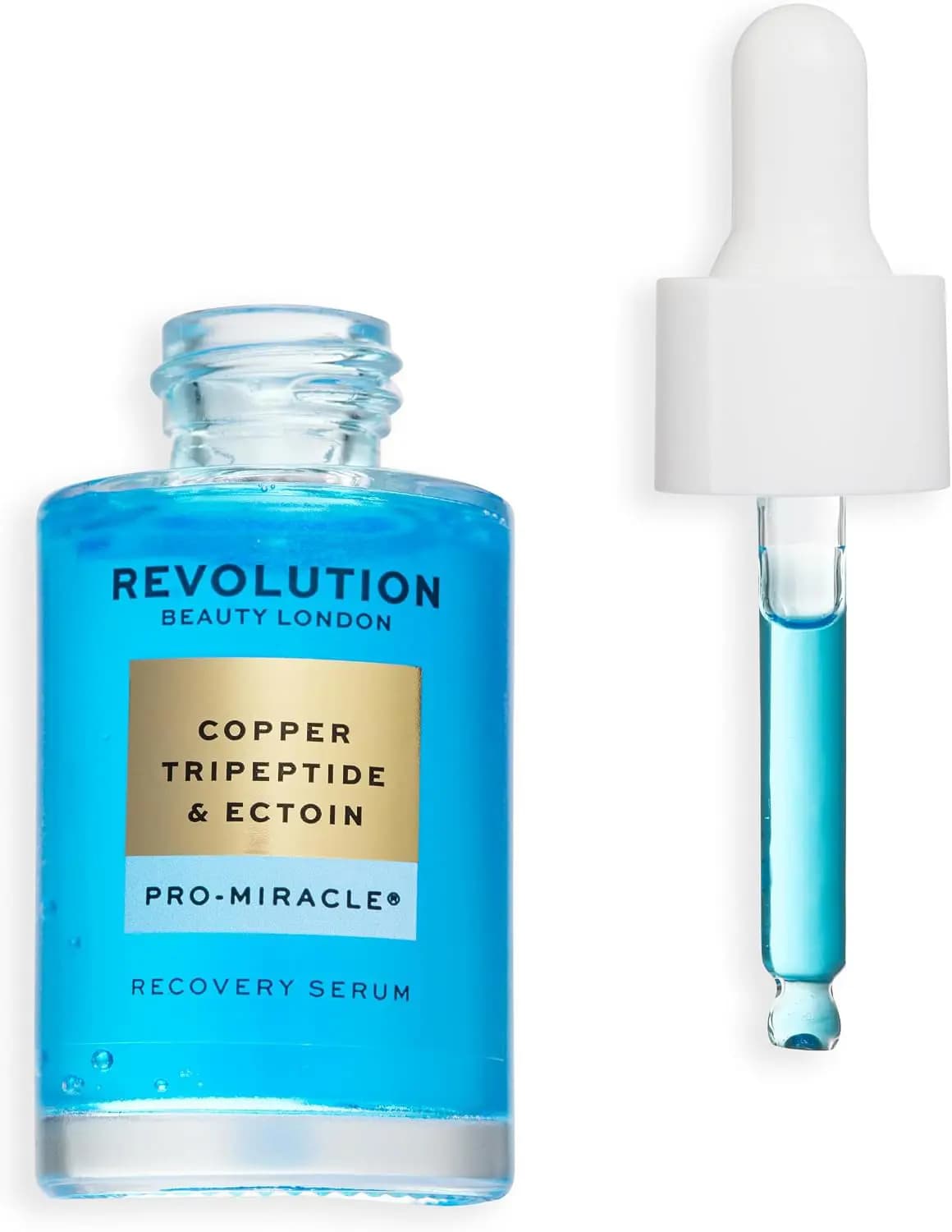 Open blue Recovery Serum bottle beside its white dropper holding blue liquid
