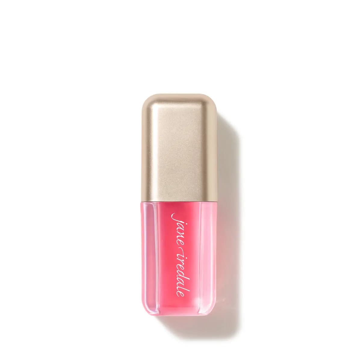 Single jane iredale lip oil with a clear tube of bright pink oil and a matte champagne-gold cap on a white background.