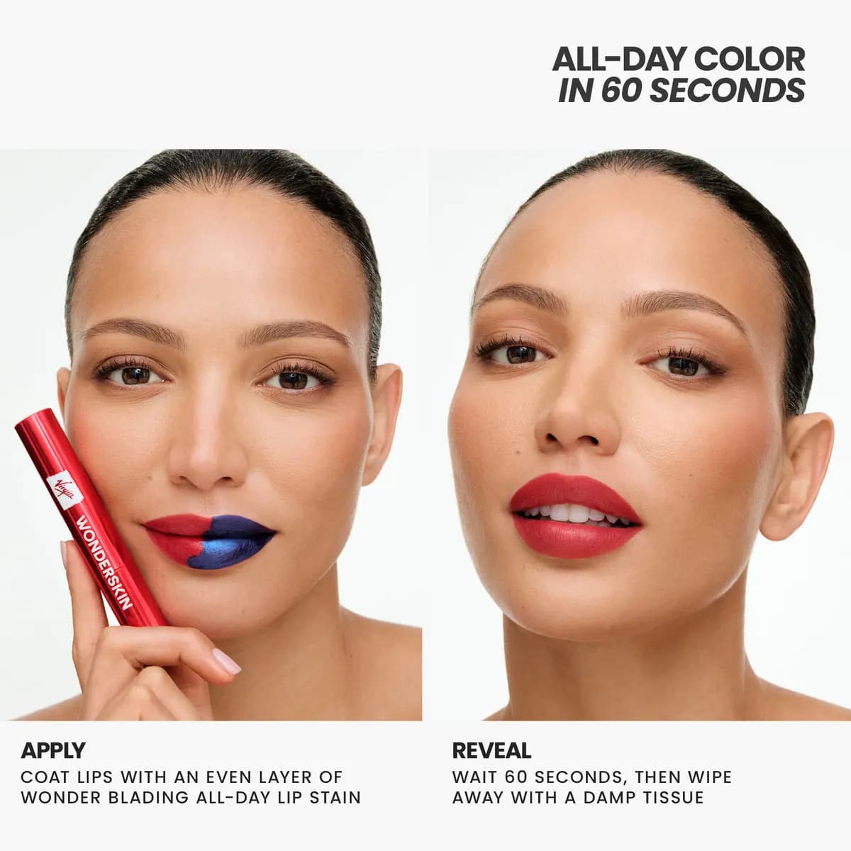 Before and after: navy stain applied to half the lips, then a matte red finish revealed after wiping