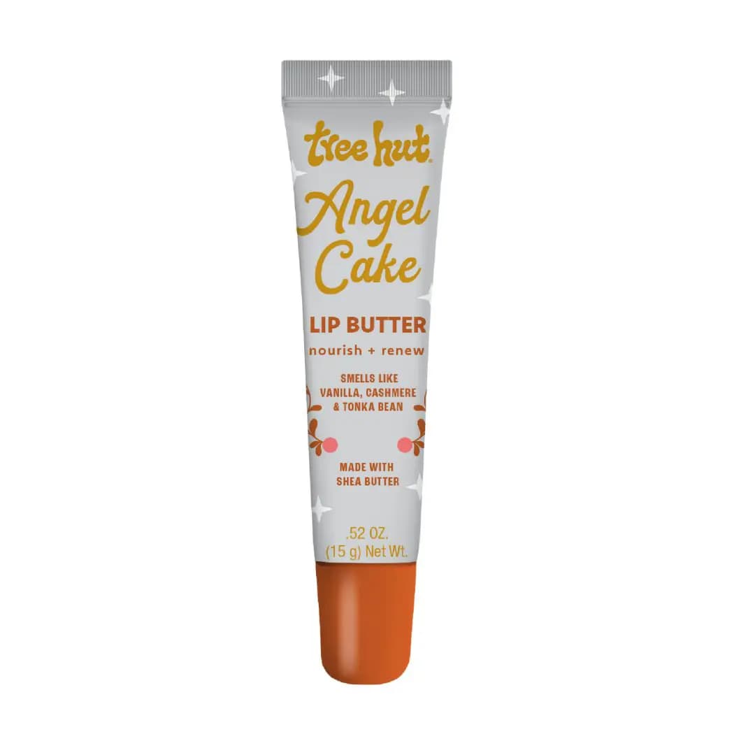 Silver Angel Cake Lip Butter tube with gold script, orange cap and shea butter callout, 0.52 oz