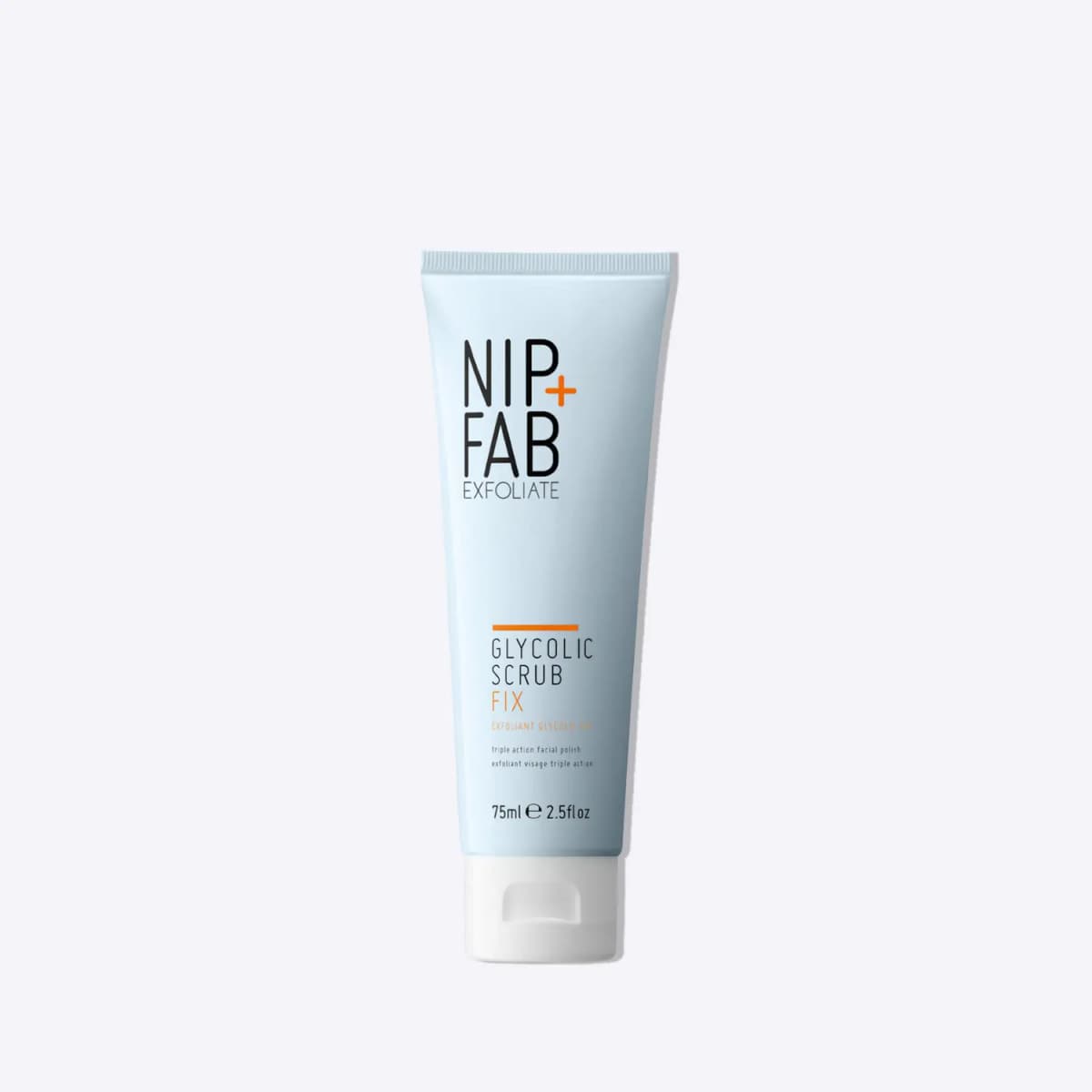 Light blue Nip + Fab Exfoliate Glycolic Scrub Fix 75ml tube with orange accents and a white flip cap