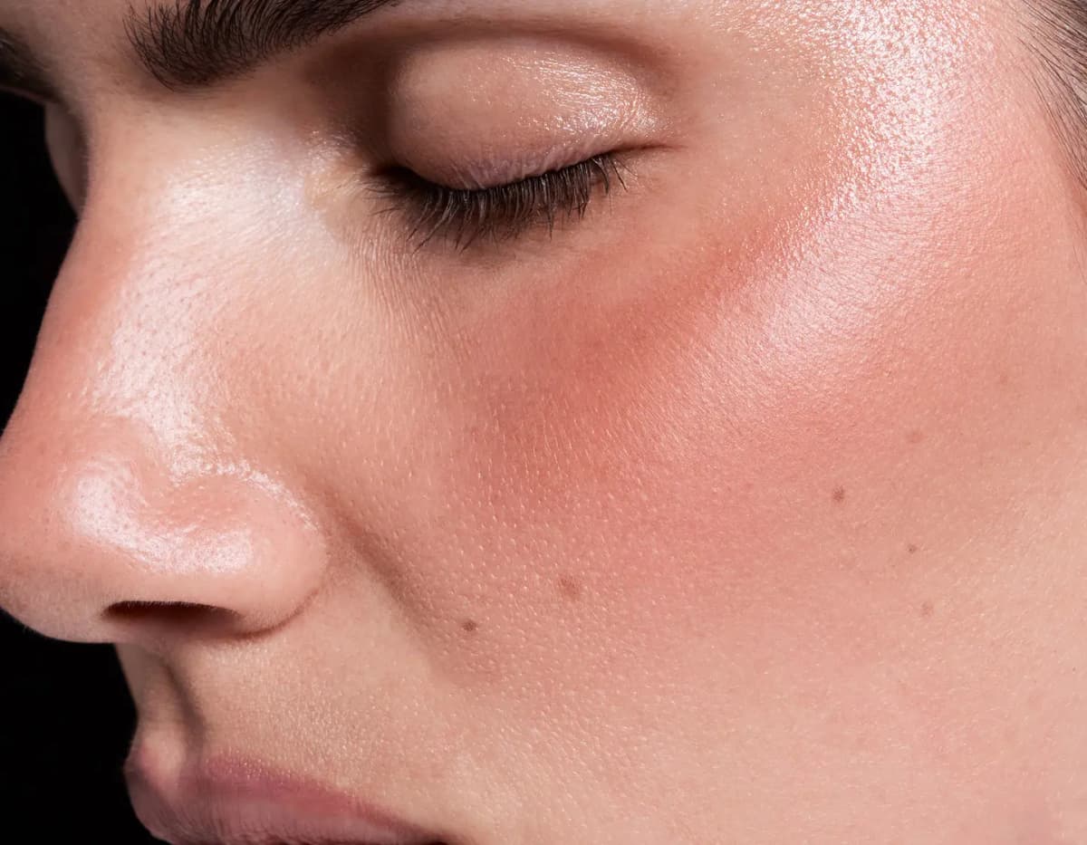 Close-up of a fair-skinned model's cheek with a soft rosy flush and dewy, glowing highlights