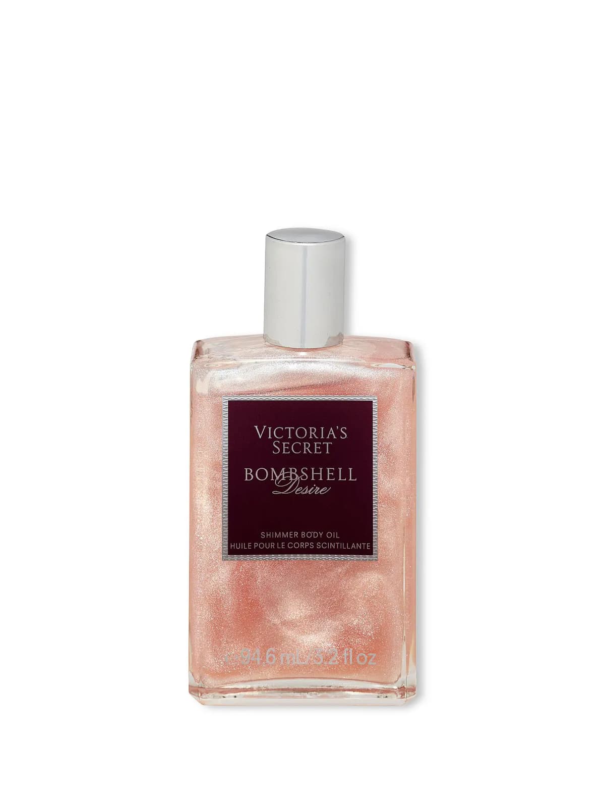 94.6 ml Shimmer Body Oil with glittering pink oil in a clear square bottle with a silver cap