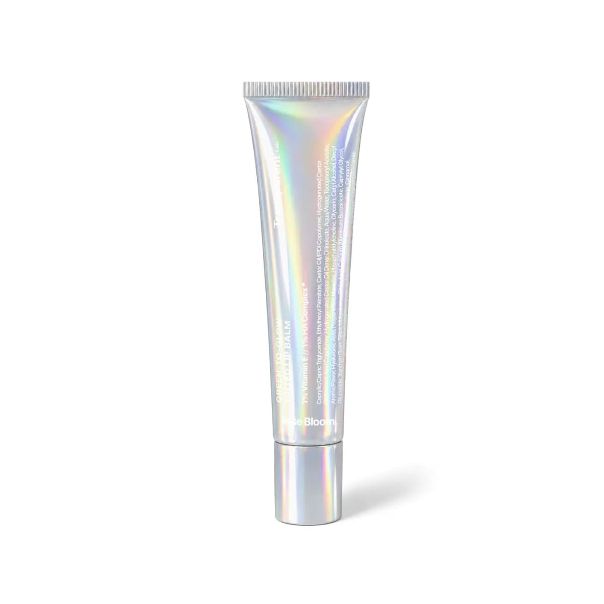 Iridescent holographic slim tube of Transparent Lab Rose Bloom Green-to-Glow Tinted Lip Balm