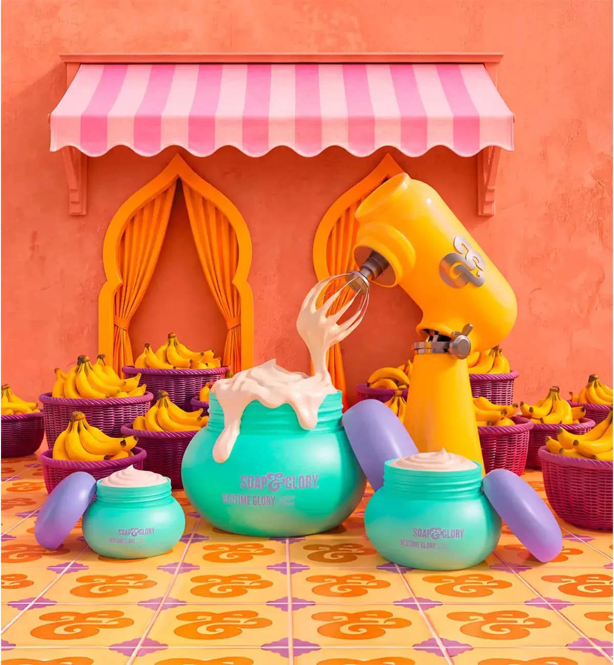 Teal Bedtime Glory jars with lilac lids overflowing with cream beside a yellow mixer and baskets of bananas