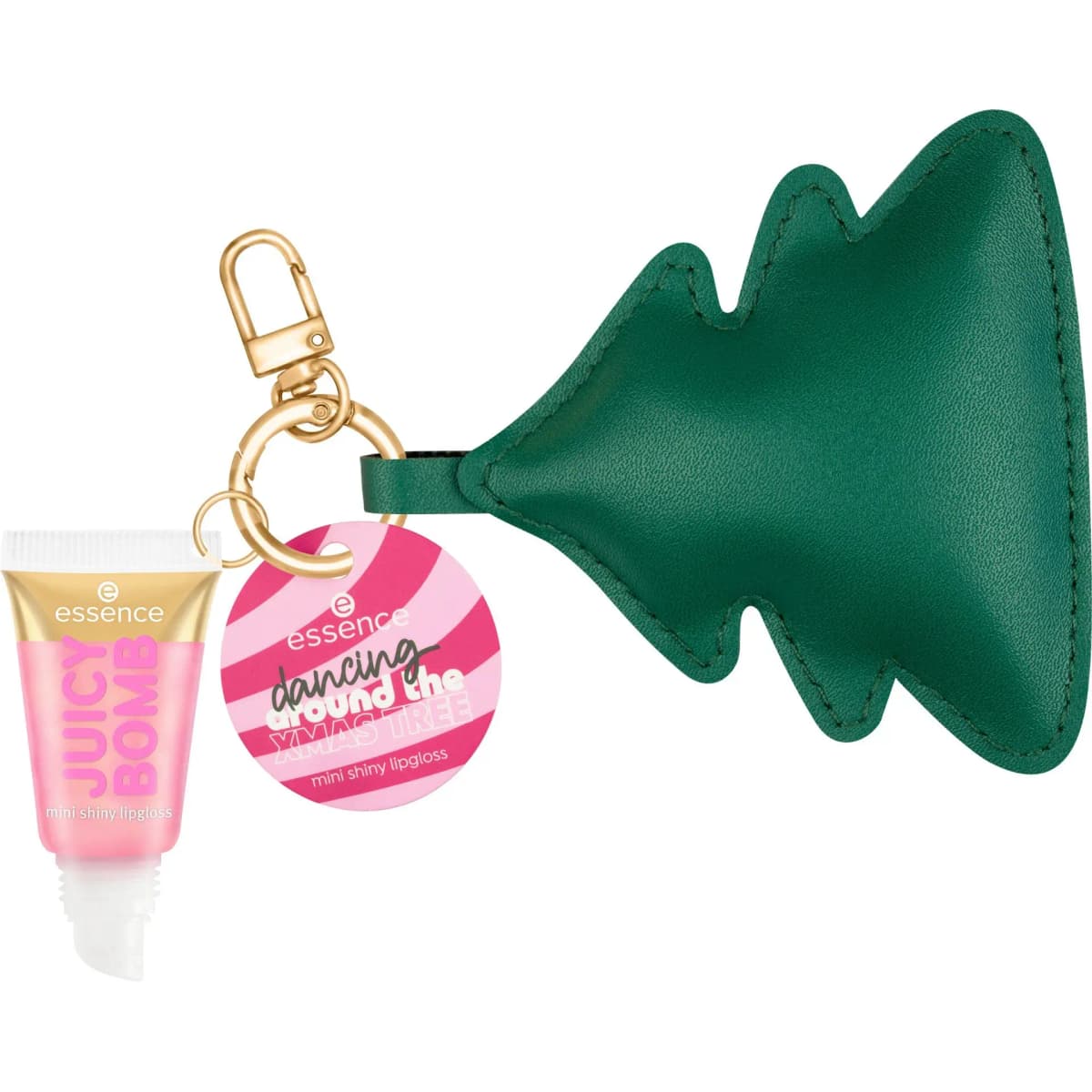Pink JUICY BOMB mini shiny lipgloss on a gold clasp keyring with a candy-stripe tag and green tree charm