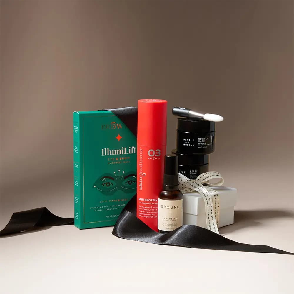 Skincare gift grouping with Brow Aid IllumiLift, Skingredients Skin Protein, Ground Superseed oil and Pestle & Mortar masks