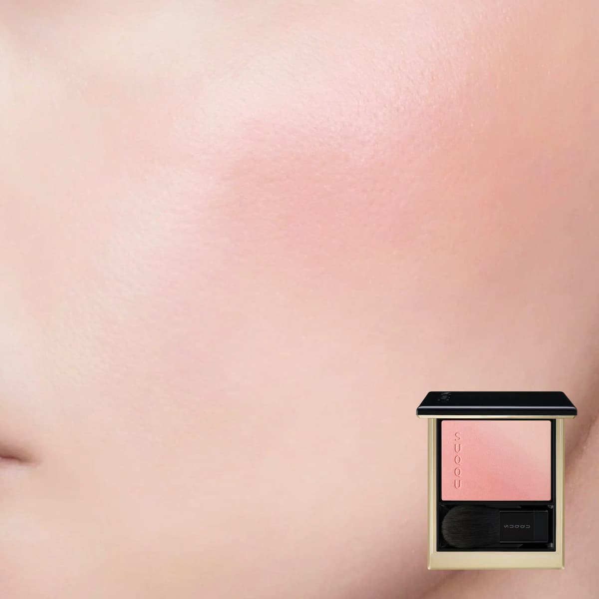 Warm peachy-pink blush diffused across a cheek, compact inset in the corner