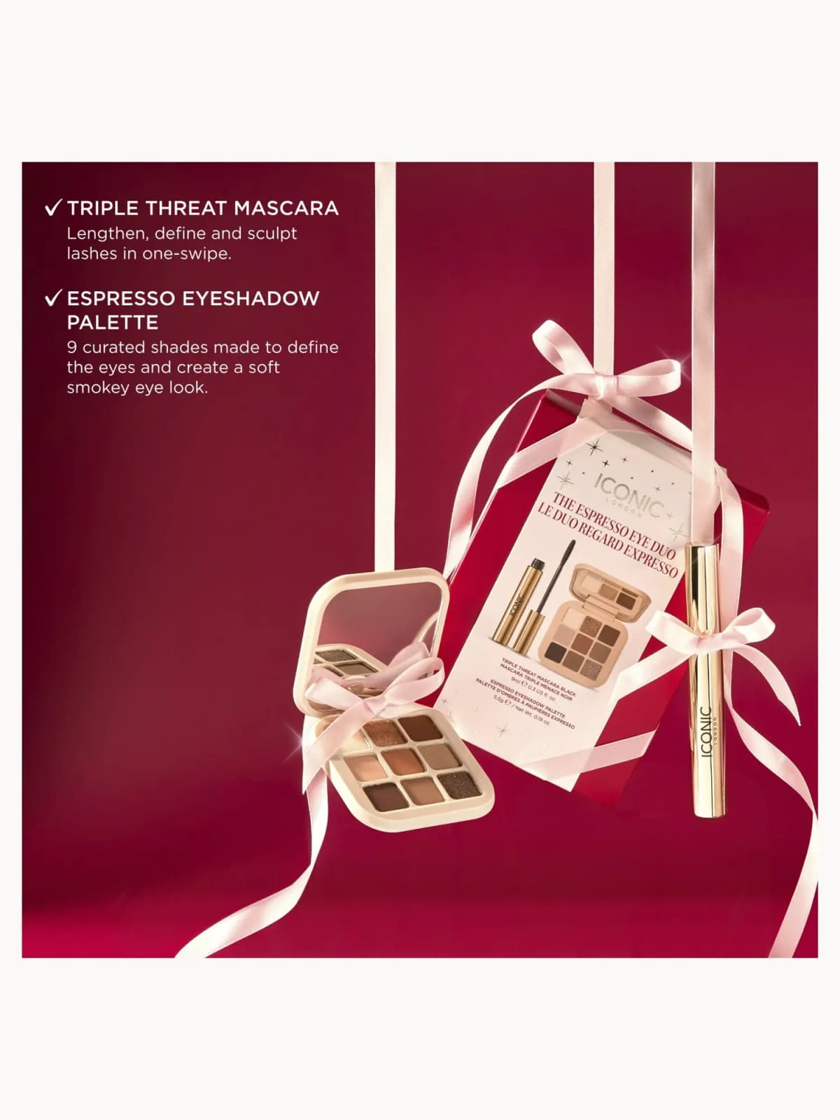Espresso Eye Duo box and open eyeshadow palette suspended by pink ribbons on red background with product descriptions
