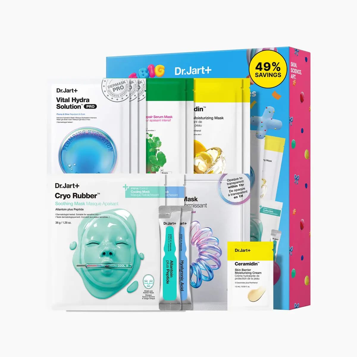 Dr.Jart+ masks fanned in front of the gift box, including a teal Cryo Rubber pouch and Ceramidin cream sample, 49% savings