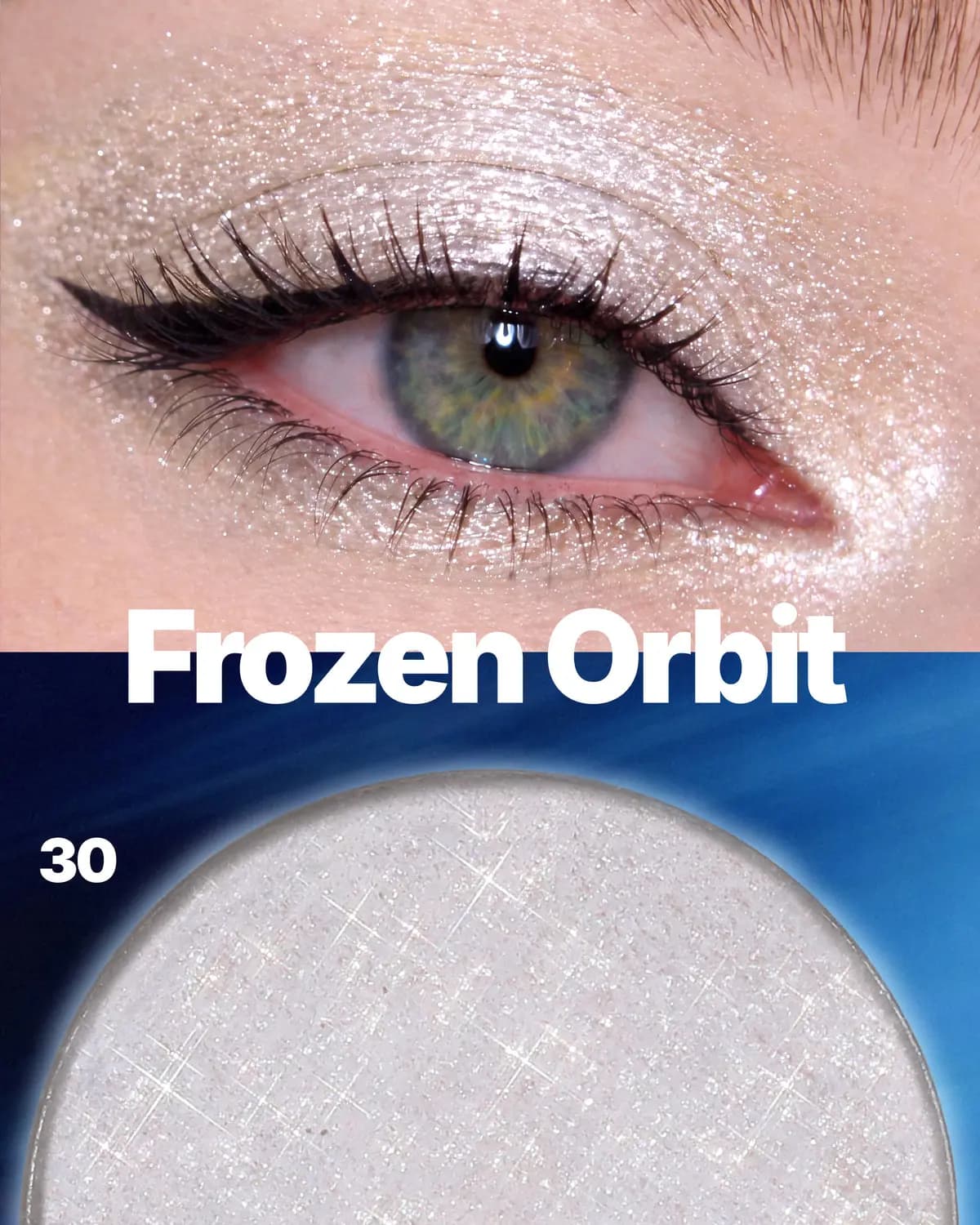Winged-liner eye with icy white-pearl 030 Frozen Orbit shimmer above a close-up of the silvery pan