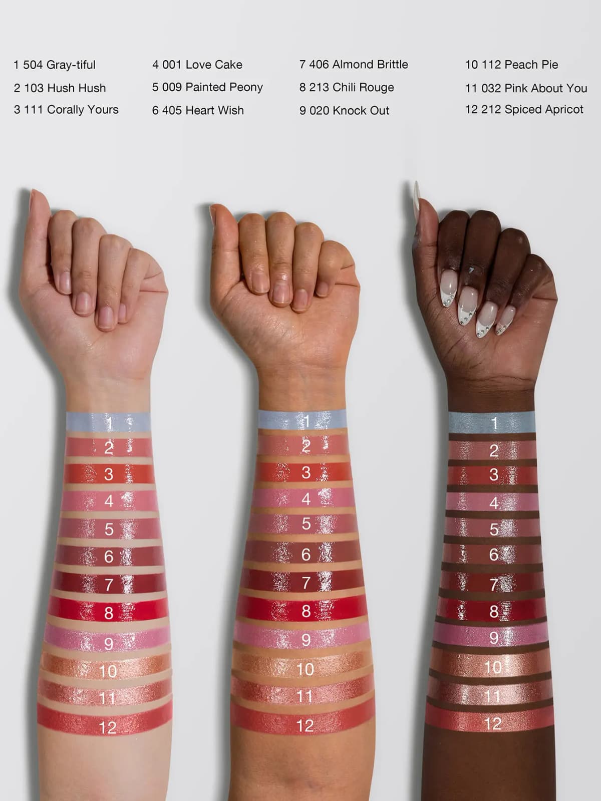 Twelve numbered shade swatches on fair, medium and deep arms with a shade name list above