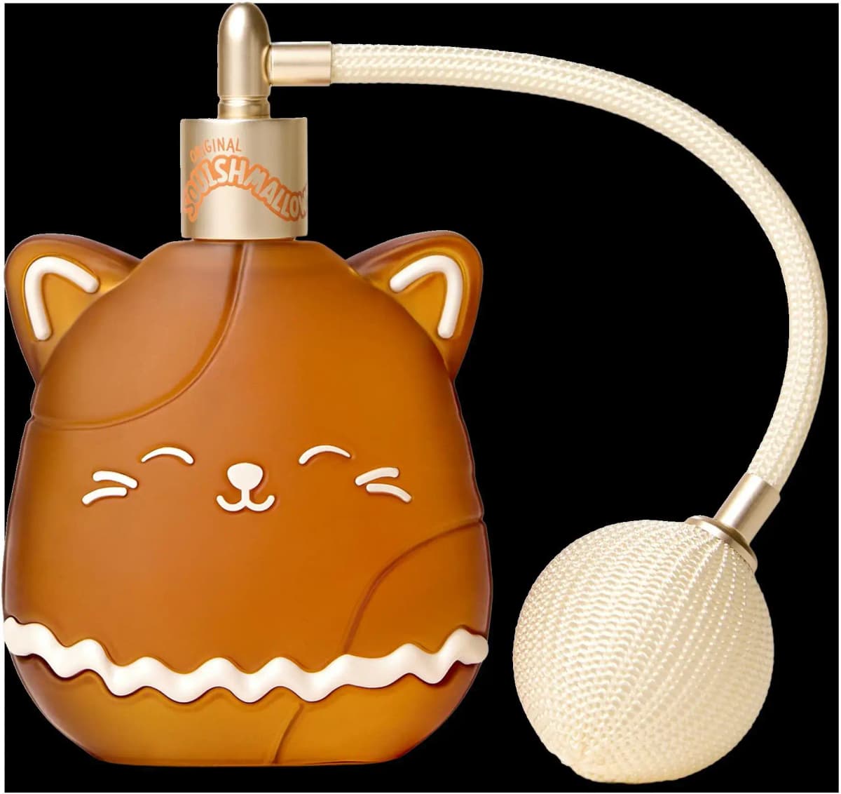 Squishmallows Whisked Away Gingerbread Dreams in amber frosted cat bottle with gold collar and cream bulb atomizer