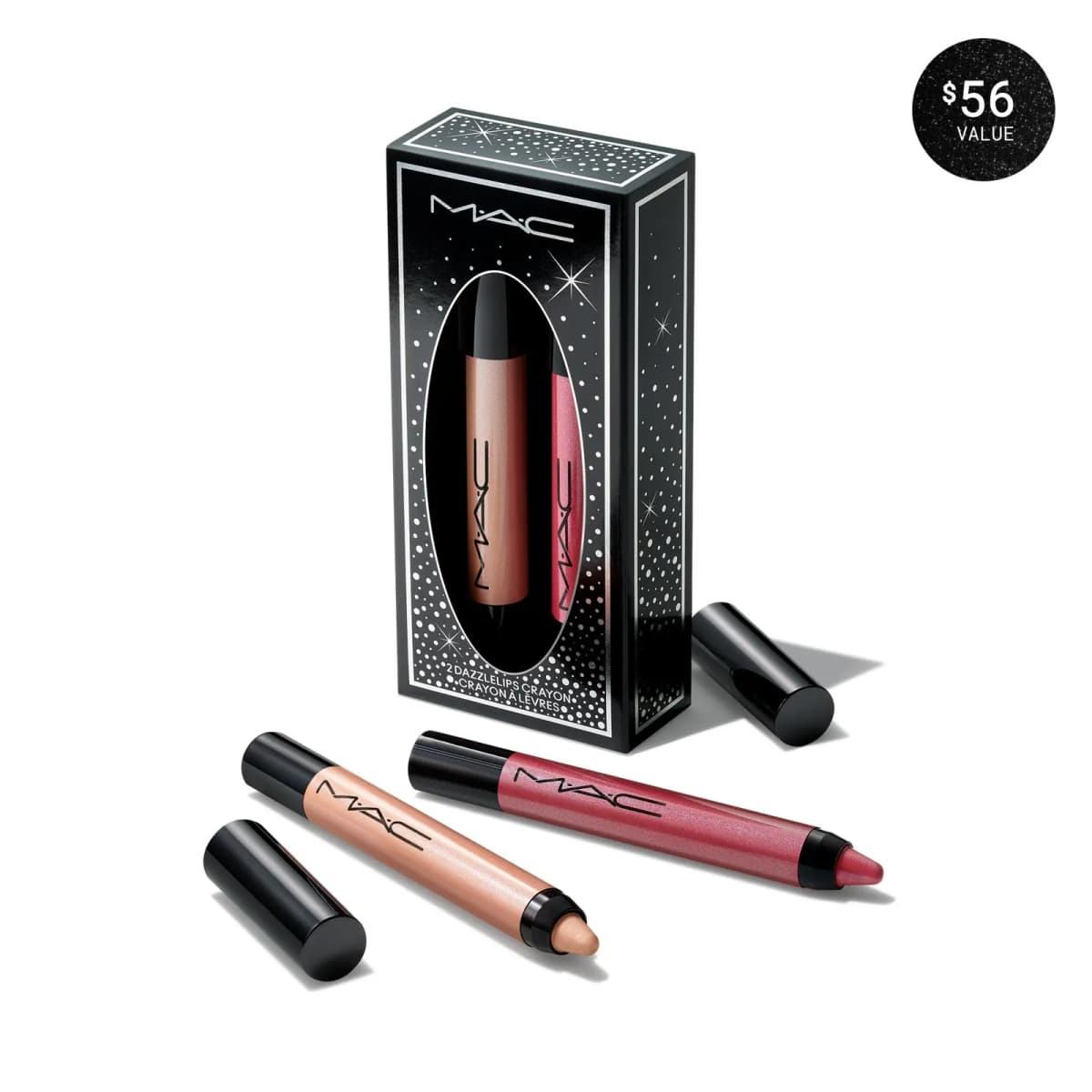 M·A·C 2 Dazzlelips Crayon set: shimmery peach and rose-pink lip crayons beside their starry black box; $56 value badge.