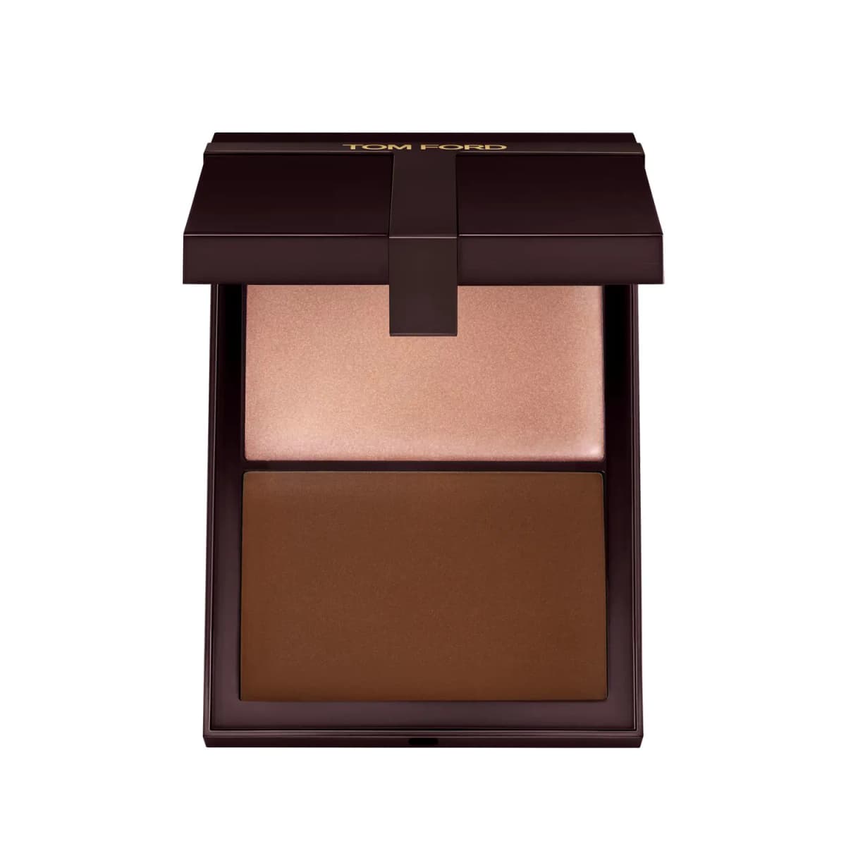 Open Tom Ford contour duo with a shimmering rosy-pink highlighter over a rich chestnut-brown contour shade