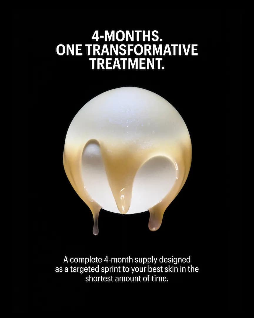 Pearlescent white sphere dripping golden serum on black, captioned 4-months, one transformative treatment