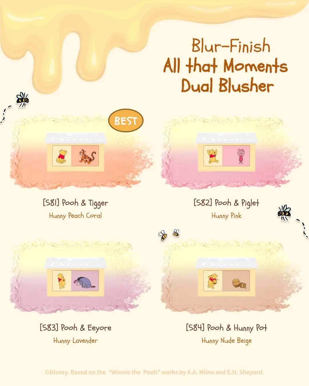 Four dual blushers, S81 Pooh & Tigger to S84 Pooh & Hunny Pot, over coral, pink, lavender and beige powder swatches