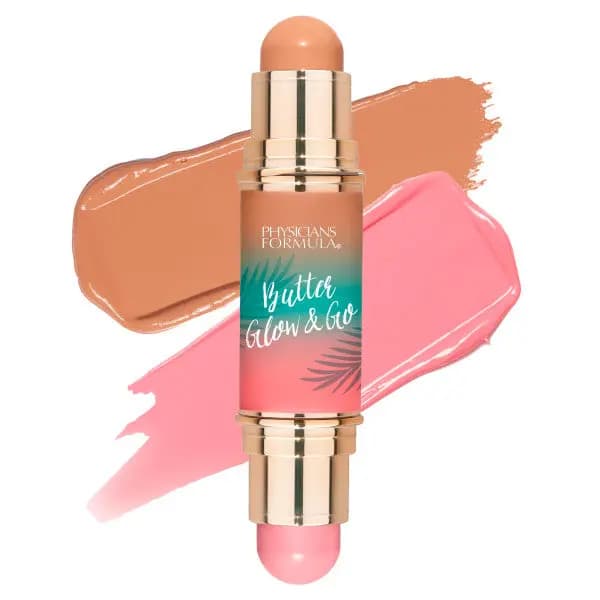 Stick with peachy nude and soft pink ends displayed on tan and bubblegum pink swatches