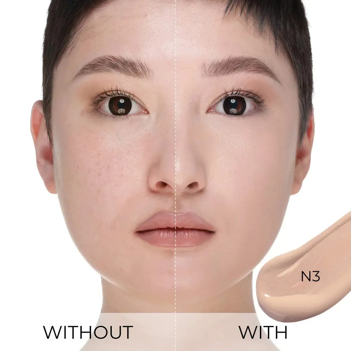 Before-and-after face split showing a model without and with concealer, with a shade N3 swatch.