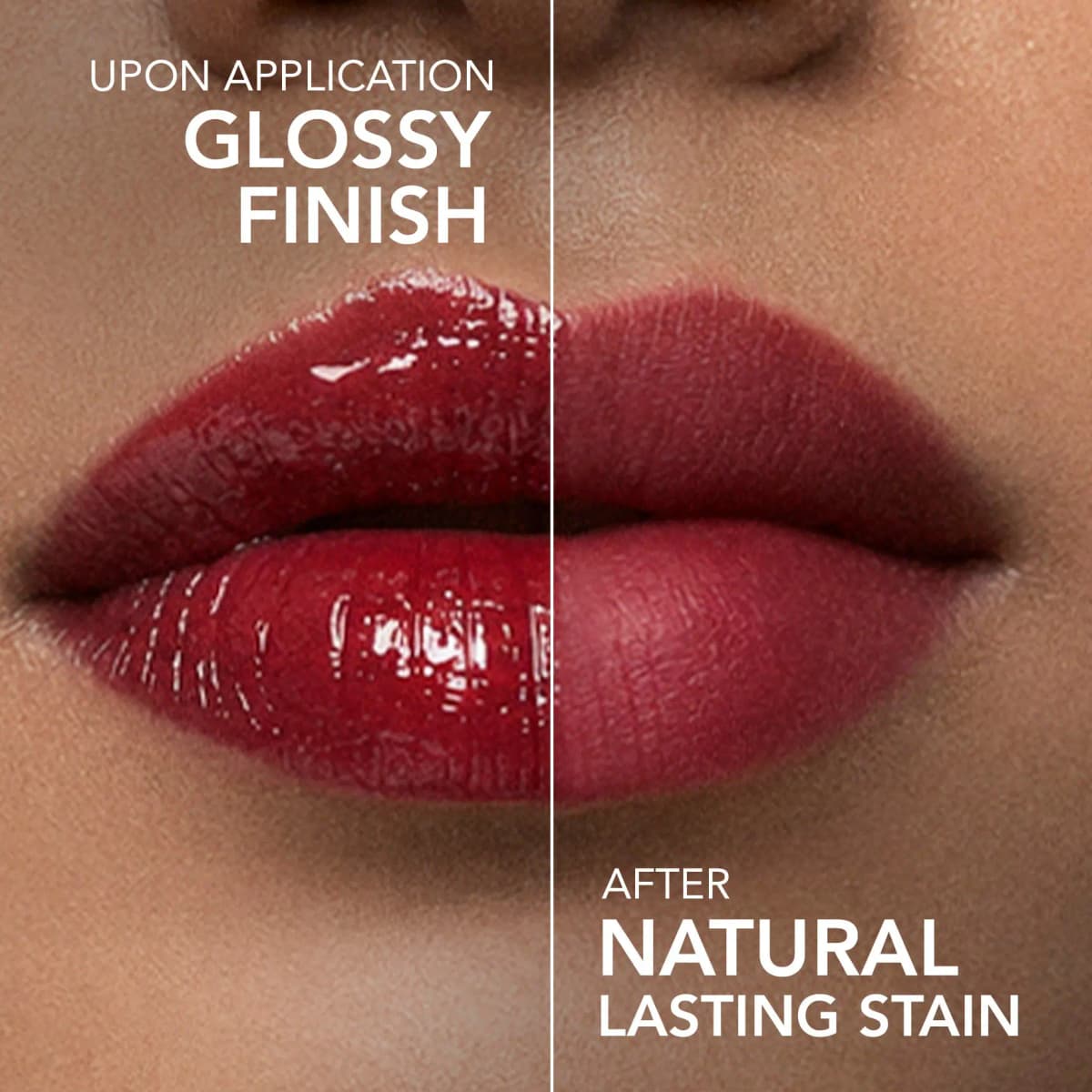 Split lip close-up of a deep red gloss: shiny glossy finish on the left, a soft natural stain on the right