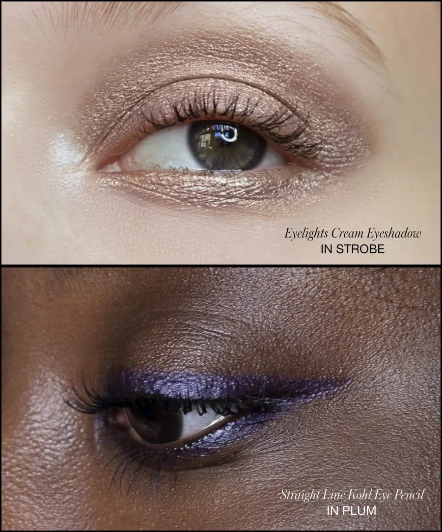 Eye close-ups: shimmery rose-gold Strobe shadow on light skin, metallic purple Plum liner on deep skin