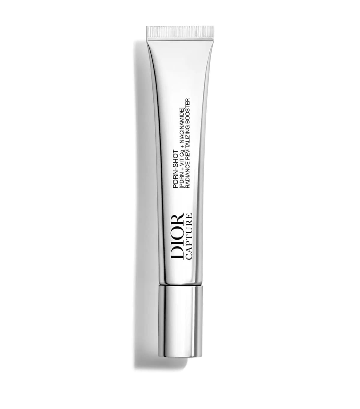 Upright silver Dior Capture PDRN-Shot tube with cap on, shown against a white background
