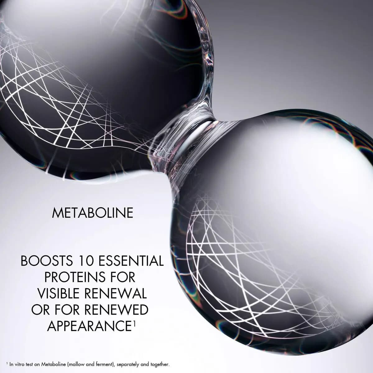 Two linked clear droplets with white line patterns, with text on Metaboline boosting 10 essential proteins.