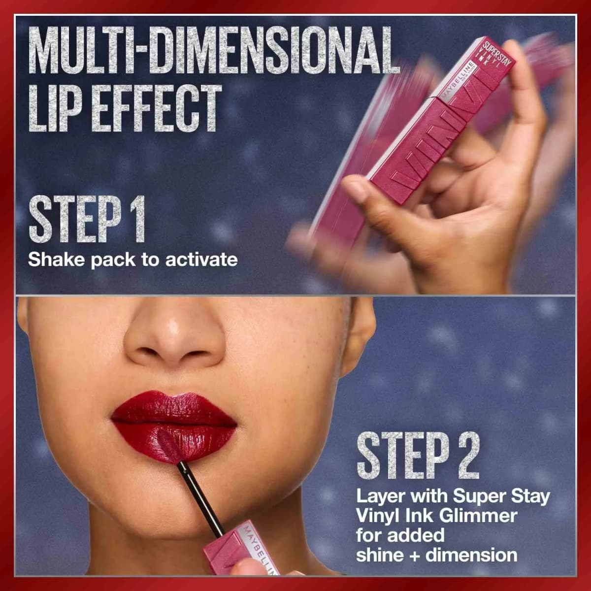 Hand shaking a sparkly Vinyl Ink tube to activate, then applying glossy deep red glimmer lip color with a wand