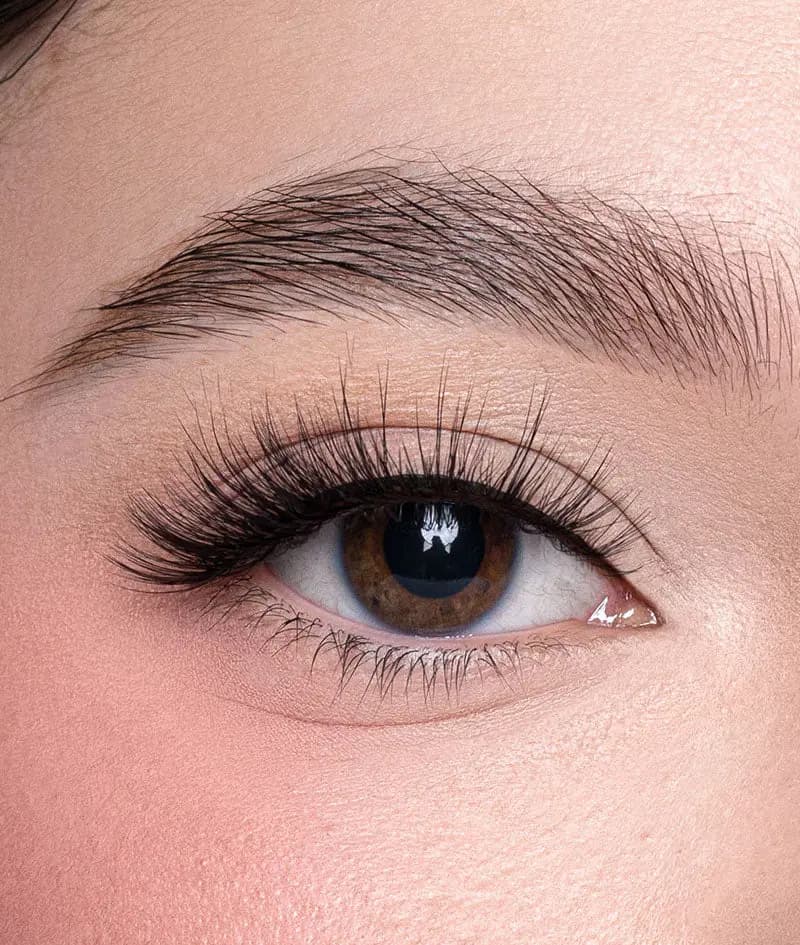 Close-up brown eye wearing fluffy, wispy false lashes with a natural flick at the outer corner