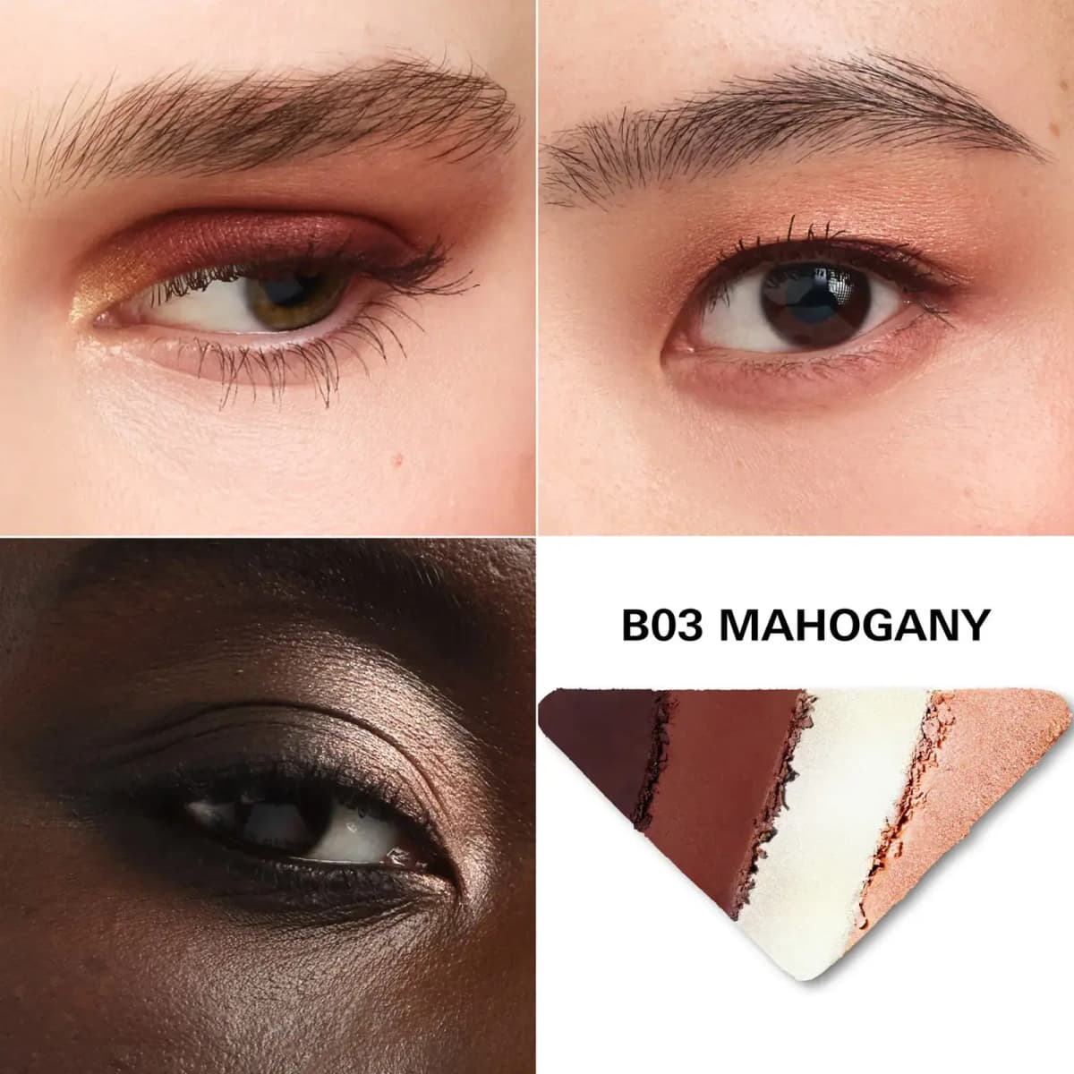 B03 Mahogany shadows worn on three eyes in copper, rose and bronze shimmer beside a triangular swatch of four shades