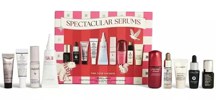 Macy's 9-Piece Spectacular Serum Gift Set: red-and-pink striped box with SK-II, Shiseido, Lancôme and more serum minis