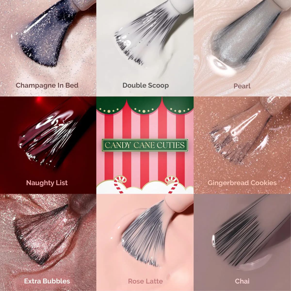 Candy Cane Cuties brush swatches: Champagne In Bed, Double Scoop, Pearl, Naughty List, Gingerbread Cookies and more