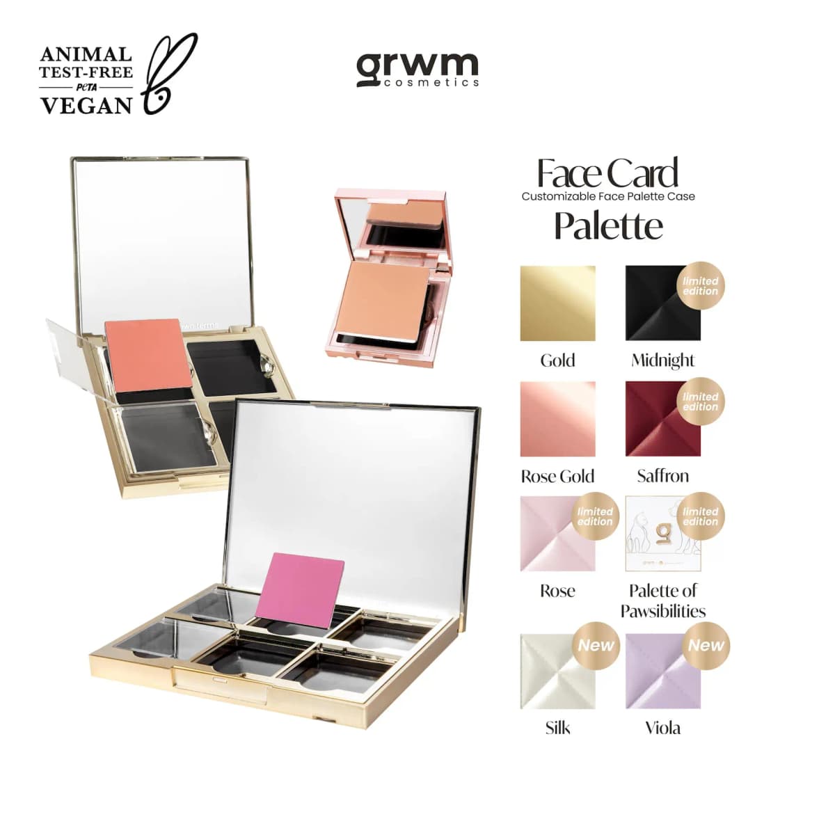 GRWM Face Card Palette case colour range with Gold, Midnight, Rose Gold, Saffron, Rose, and new Silk and Viola