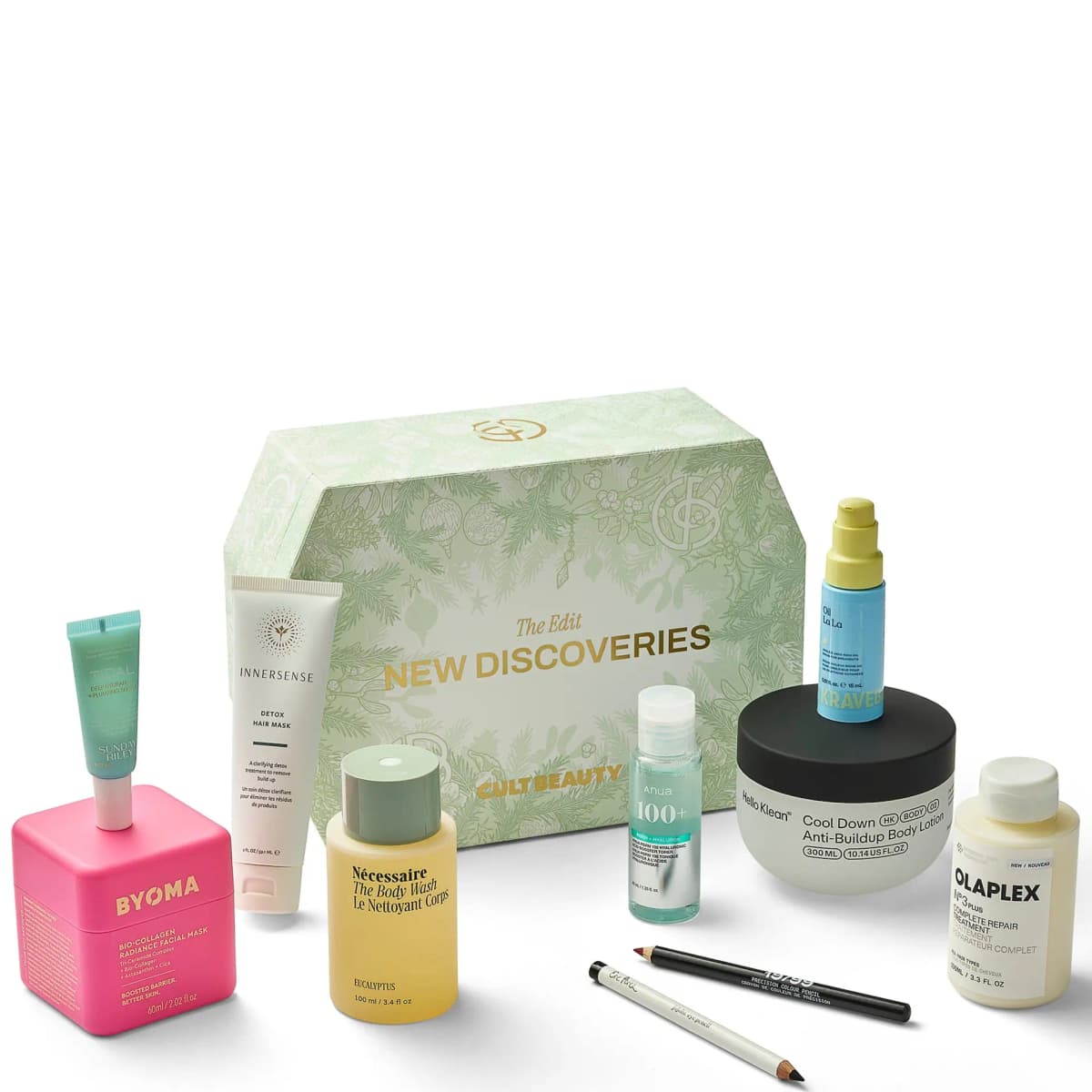 New Discoveries box on white with Sunday Riley serum on BYOMA mask, Innersense hair mask, Nécessaire wash and pencils