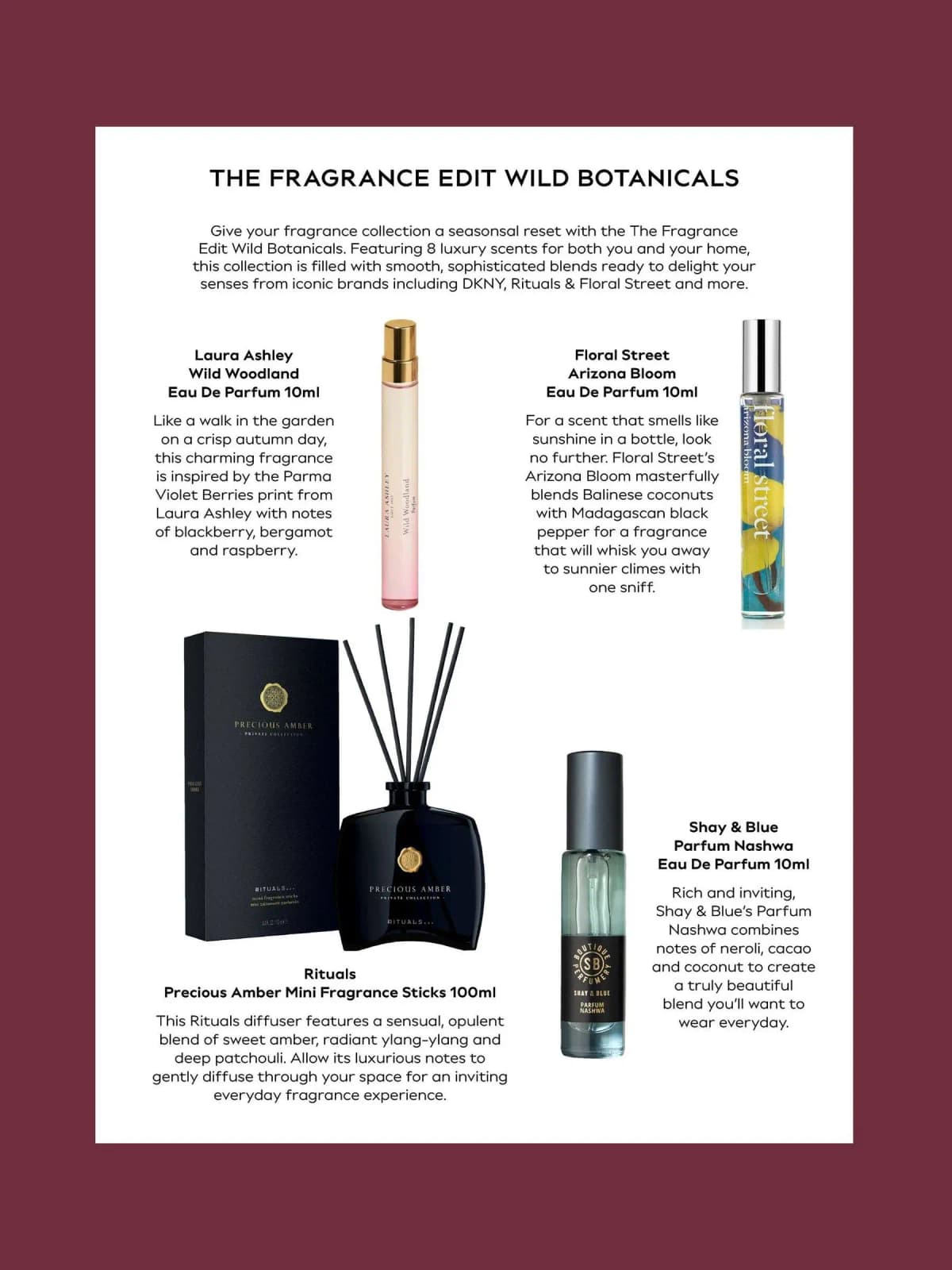 Leaflet page describing Laura Ashley, Floral Street, Rituals Precious Amber and Shay & Blue fragrances on a white card.