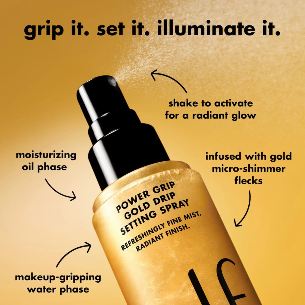 Angled Setting Spray mid-spray labelled with oil phase, water phase, gold flecks and 'shake to activate'.