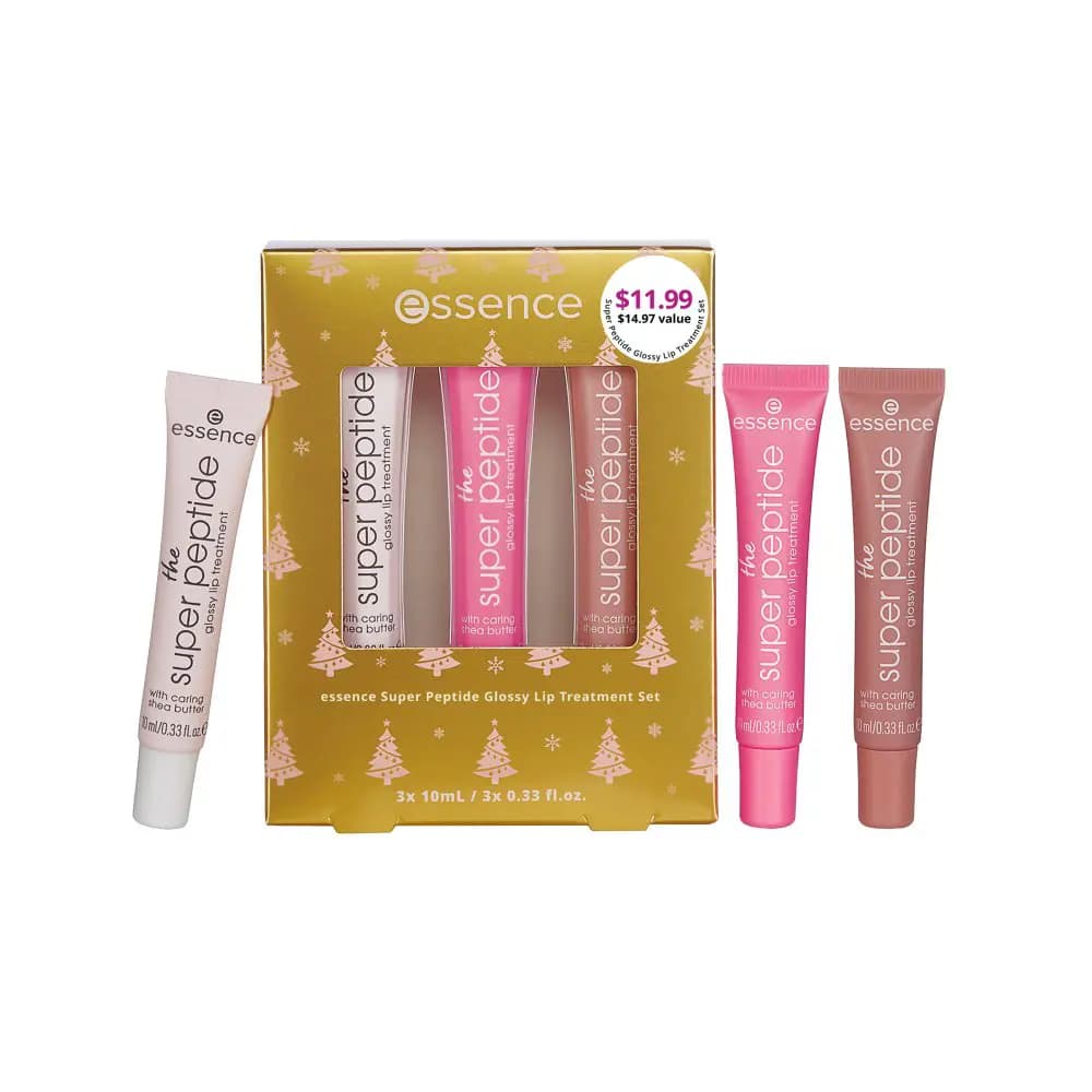 Super Peptide Glossy Lip Treatment Set gold box with three tubes in pale pink, bright pink and nude