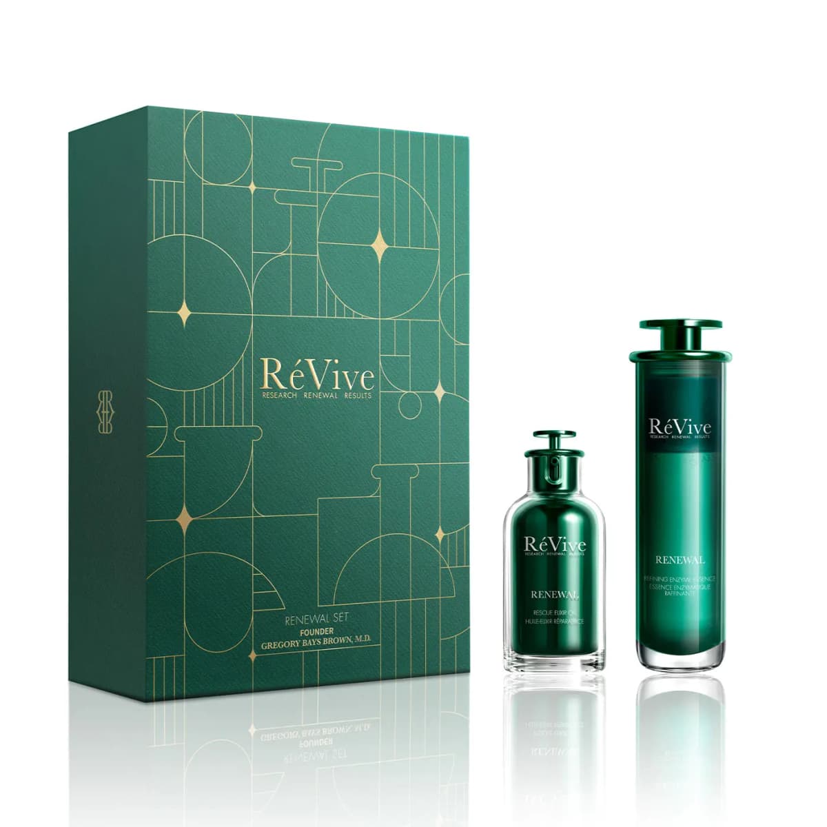 Renewal Set box beside green Rescue Elixir Oil bottle and tall Refining Enzyme Essence bottle on white