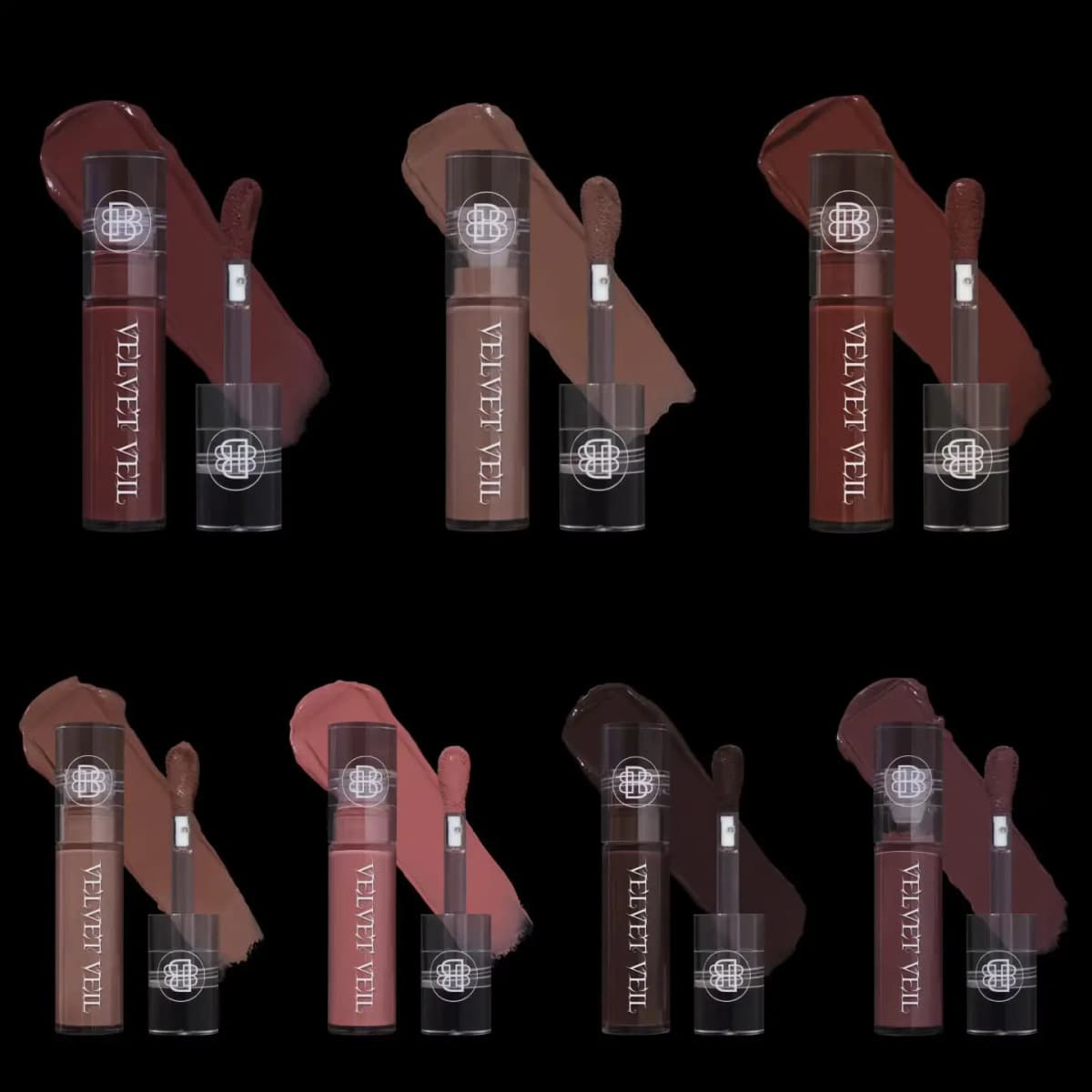 Bella Beauté Bar Garden of Spells Velvet Veil Lip Muds in seven shades from nude pink to deep brown, with swatches