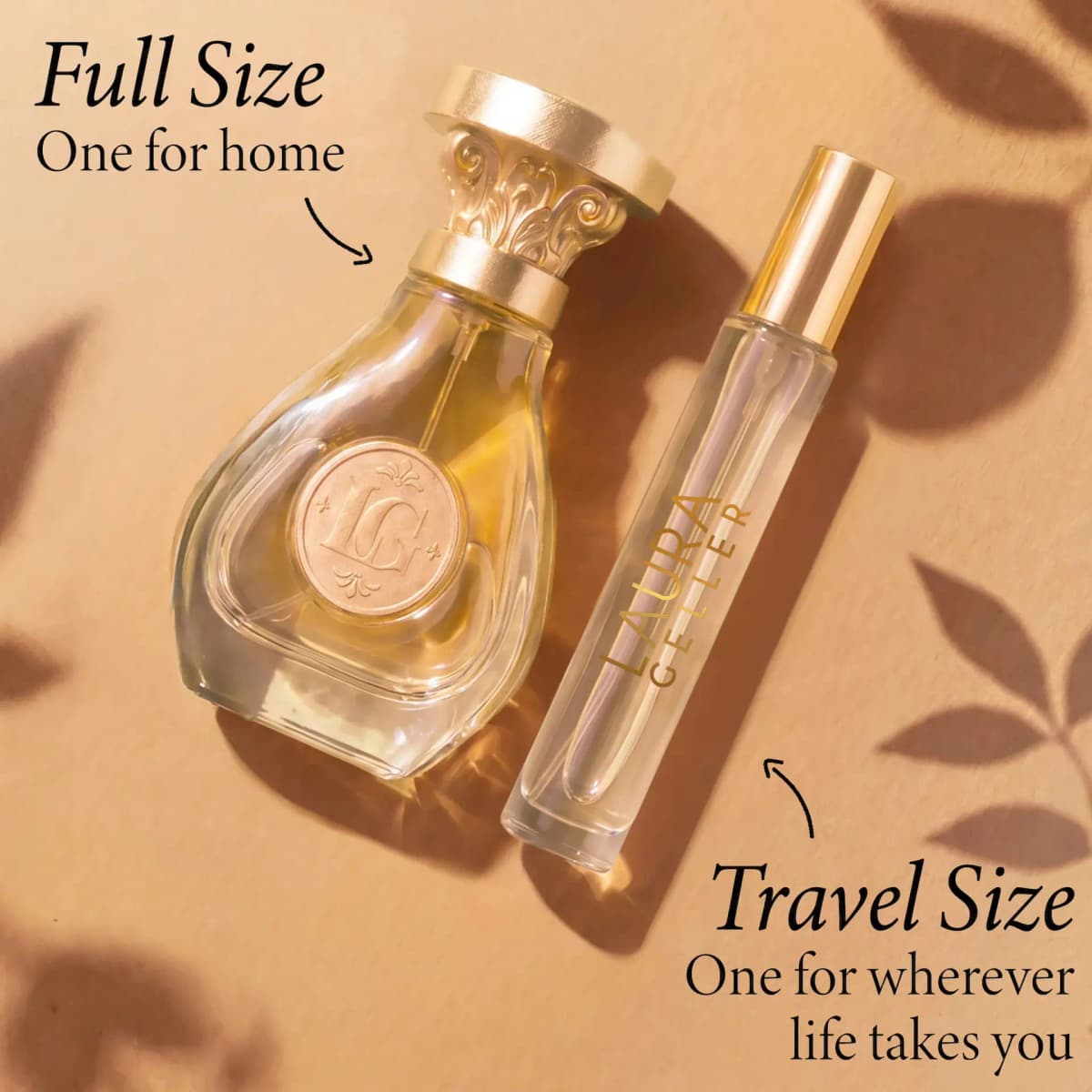 Full-size LG bottle lying next to the Laura Geller travel spray on a peach surface with leaf shadows